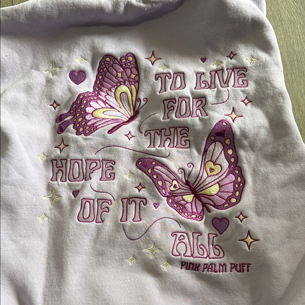 Lilac Pullover Hoodie with Pink Palm Puff & Butterfly Motifs - Picture 2 of 3